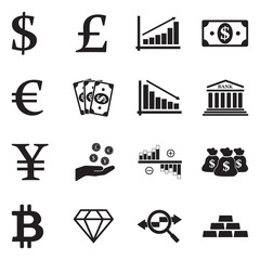 Currency Icons. Set 2. Black Flat Design. Vector Illustration.