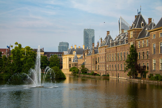 The Hague (Den Haag) city centre, Panorama of the Binnenhof at the Hofvijver lake in The Hague, the government complex houses the Senate (Eerste Kamer) and the House of Representatives (Tweede Kamer),