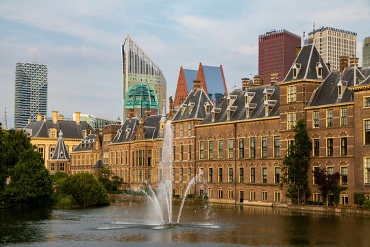 The Hague (Den Haag) city centre, Panorama of the Binnenhof at the Hofvijver lake in The Hague, the government complex houses the Senate (Eerste Kamer) and the House of Representatives (Tweede Kamer),