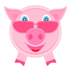 Cute pig in pink glasses. Vector cartoon illustration. Clipart and drawing on white background.  