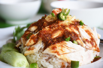 Chicken rice with delicious dipping sauce on the plate