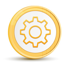 Settings icon gold round button golden coin shiny frame luxury concept abstract illustration isolated on white background