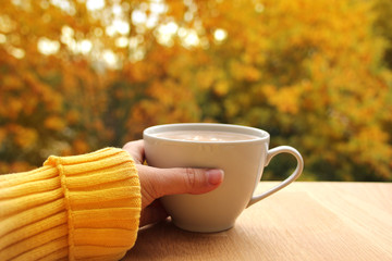 cup of cocoa with milk or cappuccino in hand on a background of yellow and orange tree leaves, autumn mood concept, close-up