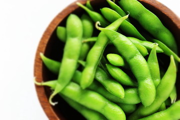 Japanese edamame soy bean in wooden bowl for healthy food image