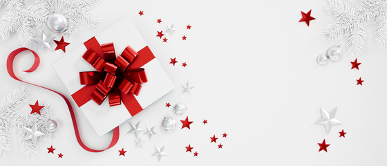 White Gift Box with red Bow on white Background - 3D illustration