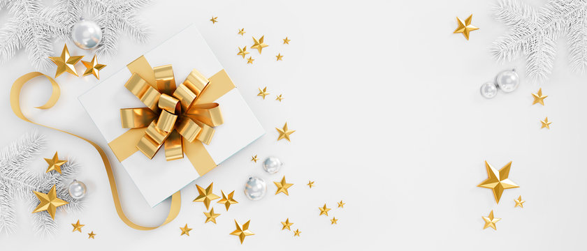 White Gift Box with golden Bow on white Background - 3D illustration