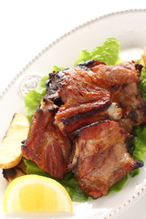 Korean food, pork spareribs  barbecue  served with lemon for gourmet food image