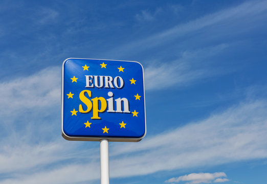 Eurospin discount store logo on the road in Brezovica, Slovenia.