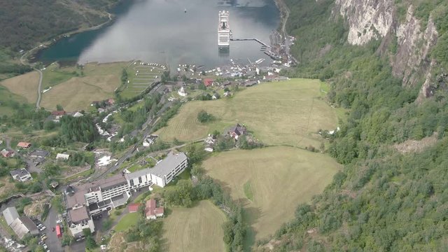 Geiranger village and Geirangerfjord aerial view, Norway
