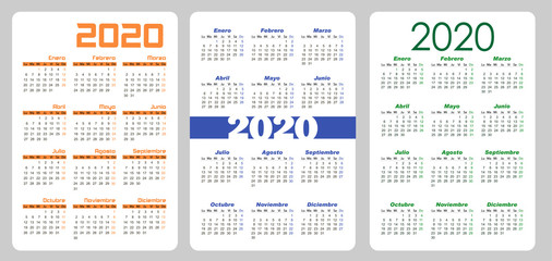 Set Vertical pocket calendar, 2020 year on Spanish. Week starts from Monday. Vector template calendar for business on black background.