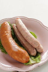 Prepared Germen sausage on dish with copy space