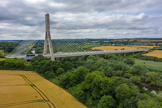 Aerial view, The Mary McAleese Boyne Valley Bridge is a cable-stayed bridge in County Meath, and County Louth, Ireland.
