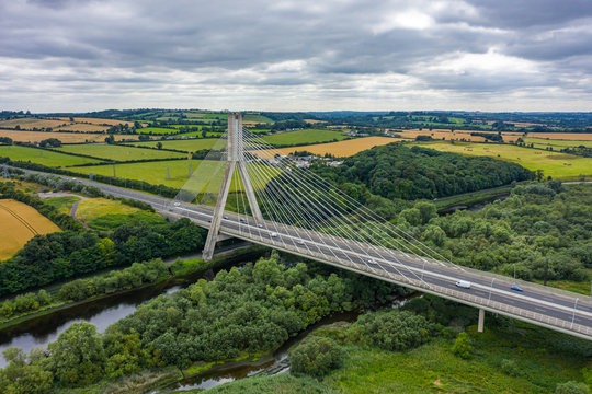 Aerial view, The Mary McAleese Boyne Valley Bridge is a cable-stayed bridge in County Meath, and County Louth, Ireland.