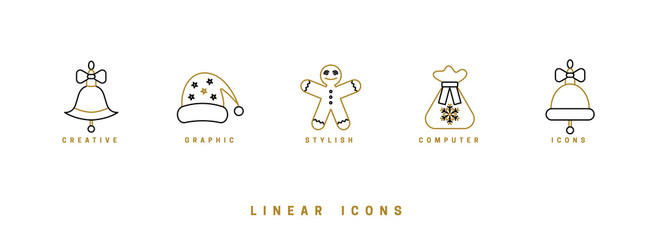 Set. Christmas decor. Christmas background with festive decorative elements, design in a linear style. Christmas black and white vector illustration.