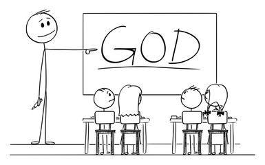 Vector cartoon stick figure drawing conceptual illustration of teacher in classroom with marker in hand pointing at god word written on whiteboard.