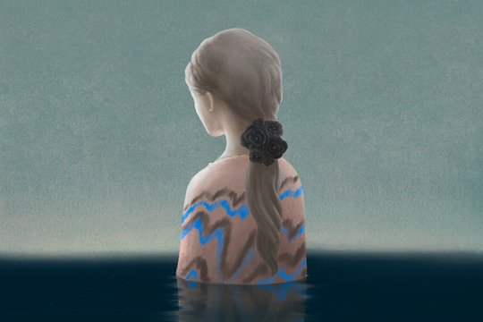 Surreal sad depression and alone concept, young woman in water, painting 