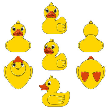 Set of color illustrations with toy yellow duck. Isolated vector objects on a white background.