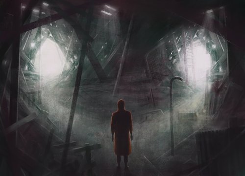 Surreal scene of man alone in broken building, choice concept , fantasy illustration