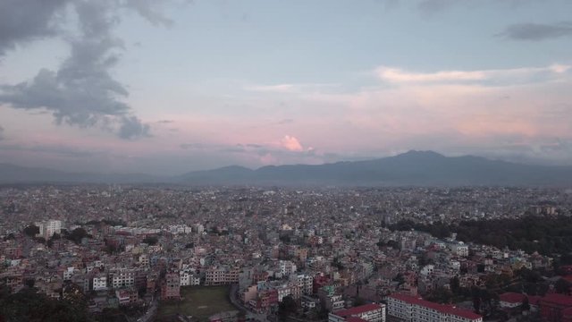 Kathmandu, Nepal. Panoramic View from Swayambhunath stupa monkey temple. Slowmotion Panning. 