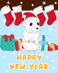 happy new year greeting card with cute white rat in christmas hat with gift boxes and stockings on blue background, editable vector illustration for holidays decoration