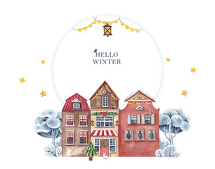 Watercolor Christmas illustration with a round frame and Dutch houses. Near the house is a Christmas tree and tall trees in the snow. There is a place for your text.