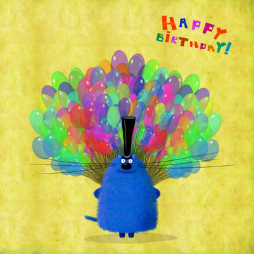 Birthday Card Blue Smiling Cat With Balloons