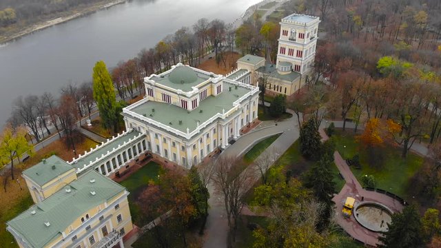 Aerial view of Palace of the Rumyantsevs and the Paskeviches in Gomel, Belarus. Autumn park with red and yellow trees and leaves 