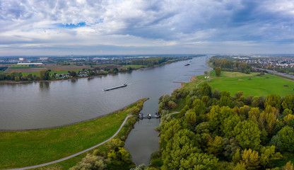 Panoramic view on the Rhine at Leverkusen. Aerial photography by drone.