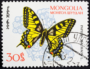 Stamp from mongolia with a photo of a beautiful single butterfly on paper