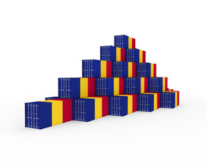 Fototapeta premium 3D Illustration of Cargo Container with Romania Flag on white background with shadows. Delivery, transportation, shipping freight transportation.