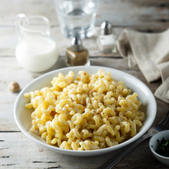 Homemade macaroni with cheese sauce