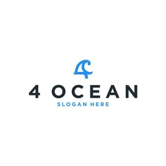 Obraz premium Number 4 with Ocean Logo Design. Line Wave Design Icon. Modern and Beauty Beach Logo Line Vector