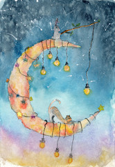 Watercolor children postcard with cat and rabbit sitting on the moon with lamps