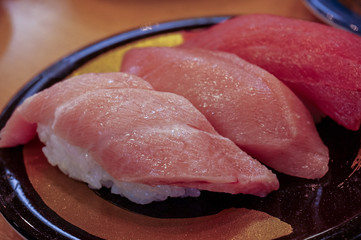 回転寿司のまぐろ3種、大トロ・中トロ・赤身