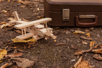 A wooden toy plane near an old suitcase in autumn park