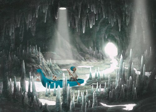 Adventure scene boy and his dog on a boat in sea cave , fantasy painting ,surreal illustration, imagination
