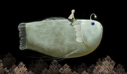 Fantasy of little boy riding cute Giant fish in night sky, painting illustration, imagination and freedom concept © Jorm Sangsorn