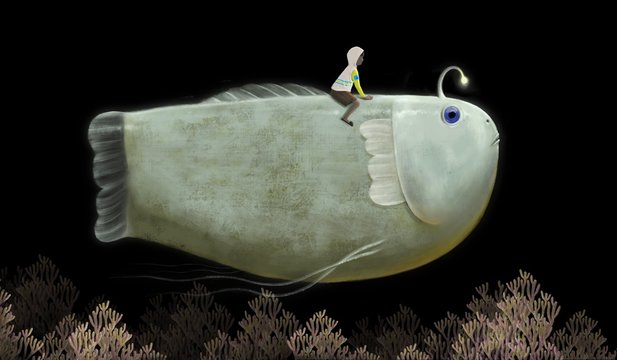 Fantasy of little boy riding cute Giant fish in night sky, painting illustration, imagination and freedom concept