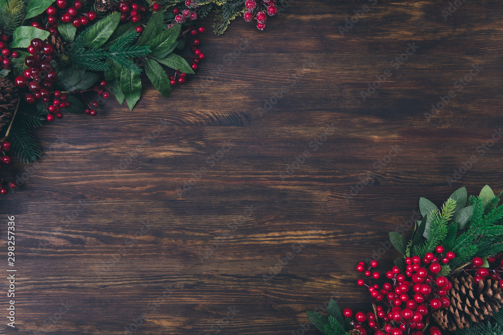 Wall mural top above high angle view photo of christmas object composition of fir tree branches berries pine co