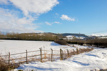 Fototapeta na wymiar Winter snow drifts by an old iron fence