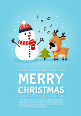 Snowman with deer singing song near Christmas tree