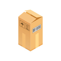Open corrugated isometric box. Concept for cargo shipping, unpacking.Vector icon isolated on white background.