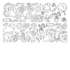 Vector logo, design and badge in trendy drawing style - zero waste concept, recycle and reuse, reduce - ecological lifestyle and sustainable developments icons on monochrome style.