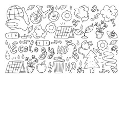 Vector logo, design and badge in trendy drawing style - zero waste concept, recycle and reuse, reduce - ecological lifestyle and sustainable developments icons on monochrome style.