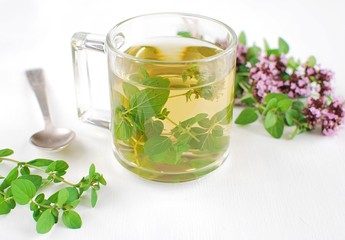 Fresh oregano tea in glass cup on white table, fresh herbs, spoon, natural home apothecary.