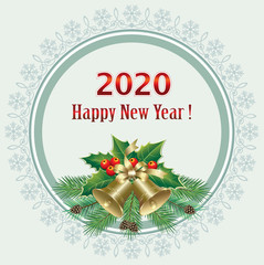 Fototapeta na wymiar Happy New Year 2020. Christmas background with bells on fir branches with cones in circle snowflakes