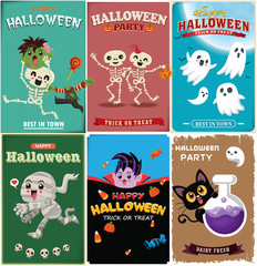 Vintage Halloween poster design with vector zombie, skeleton, ghost, mummy, vampire, pumpkin, potion character. 