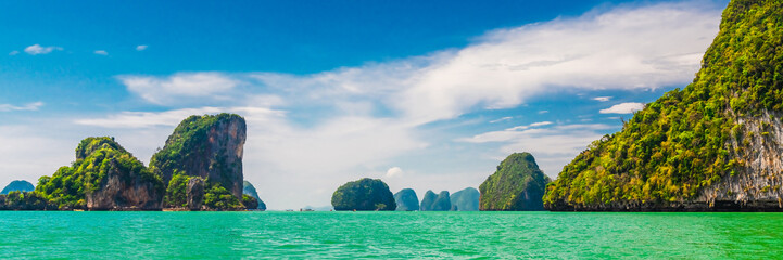 Wide panorama amazing nature scenic landscape Phang-Nga bay with group of island, Attraction famous landmark tourist travel Phuket Thailand summer vacation, Tourism beautiful destinations place Asia © day2505