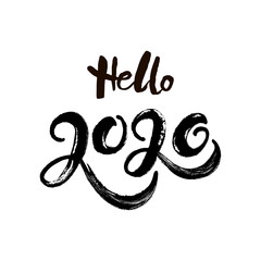 Handwritten lettering Hello 2020 isolated on white background. Design element for Happy New Year and Merry Christmas. Vector illustration EPS 10 file.