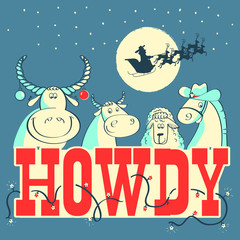 Howdy Christmas card illustration with farm animals on winter holiday night. Vector holiday text background
